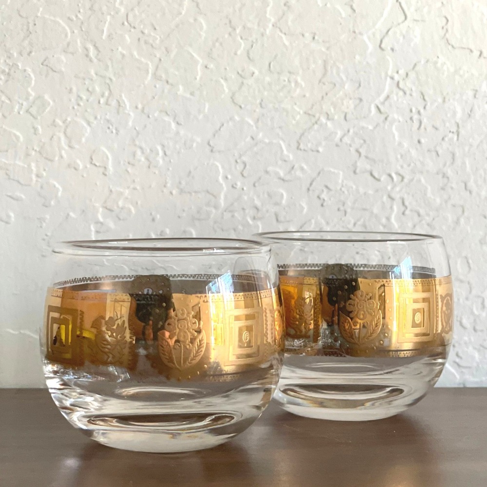 VTG Mid-Century Modern Culver Coronet Roly Poly‎ Cocktail Glasses 22k Gold Aztec